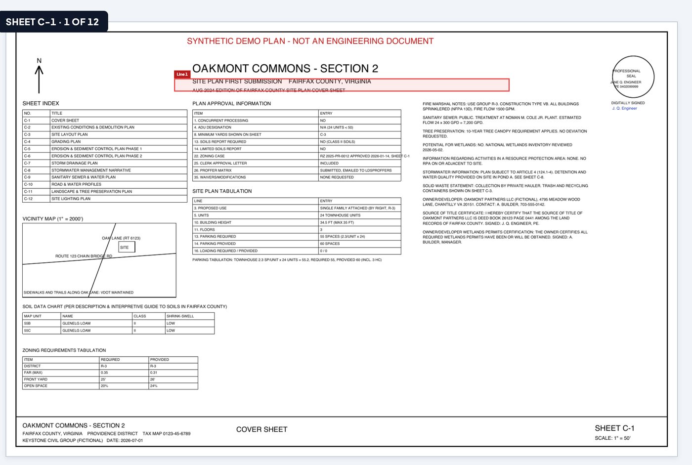 Sheet C-1 of a synthetic demonstration plan with the cited region outlined for checklist line 1